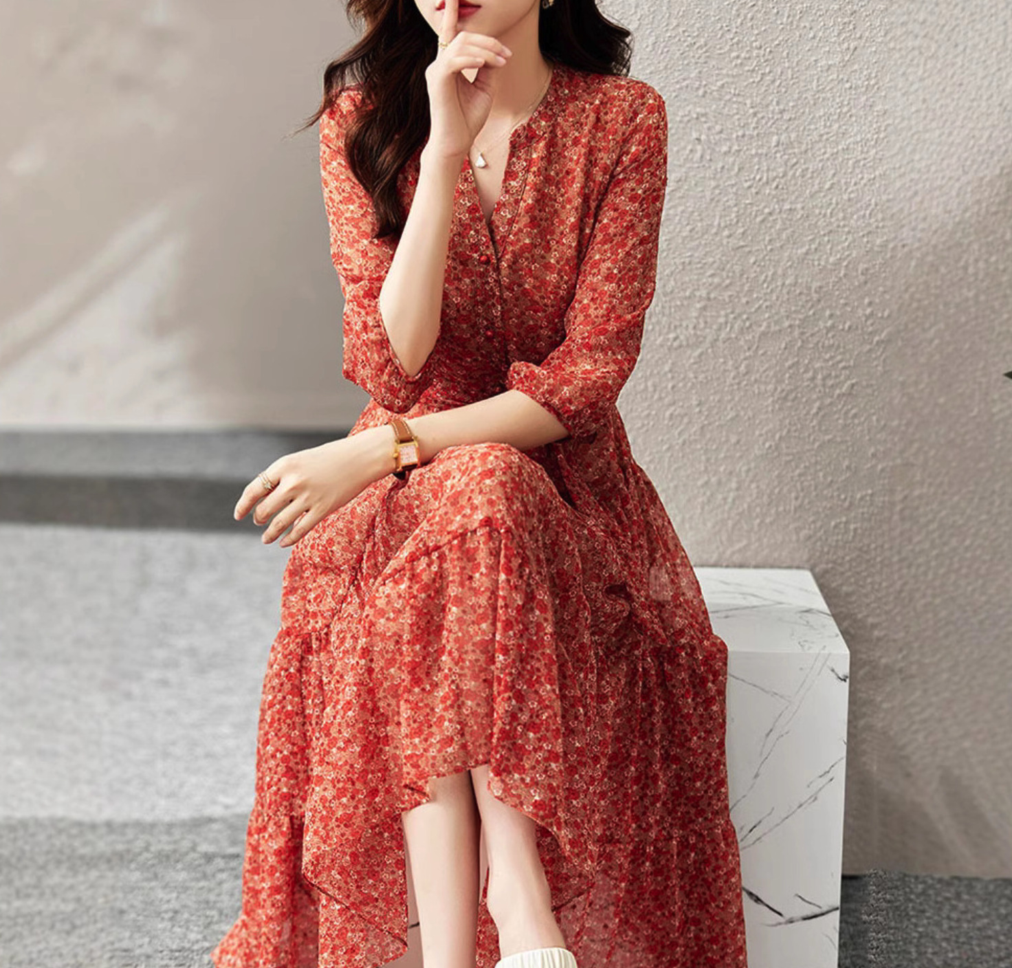 花柄ファッション 優美な花柄ティアードシフォンワンピース