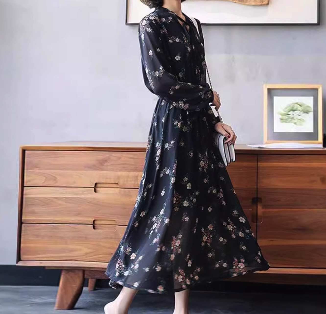花柄ファッション 花柄シフォン リボンタイ ミディ丈ワンピース