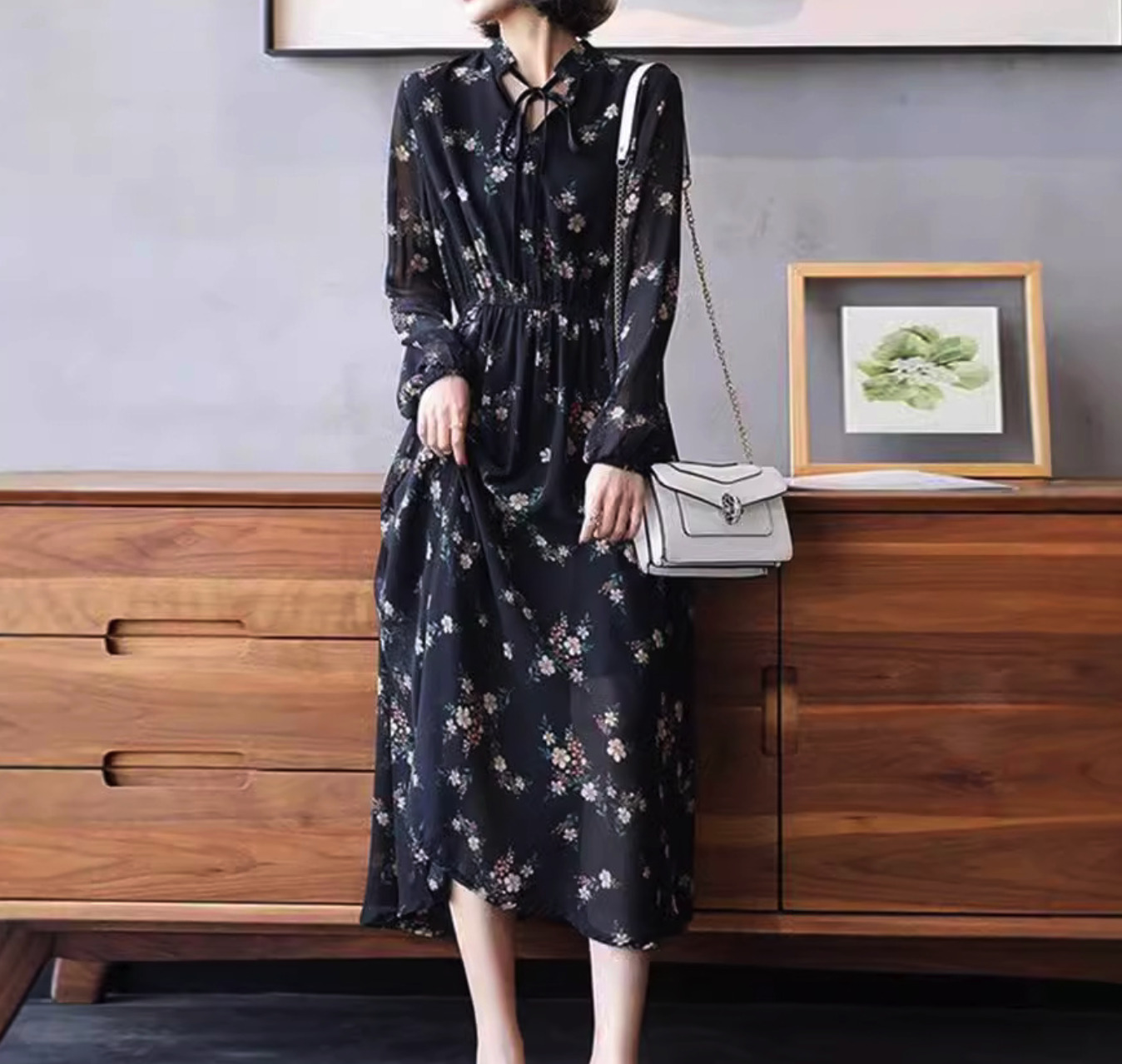 花柄ファッション 花柄シフォン リボンタイ ミディ丈ワンピース