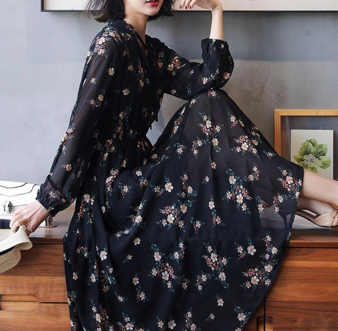 花柄ファッション 花柄シフォン リボンタイ ミディ丈ワンピース