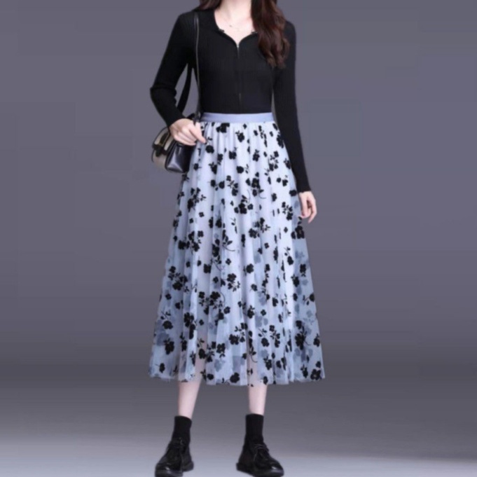 花柄ファッション 花模様チュールミディスカート
