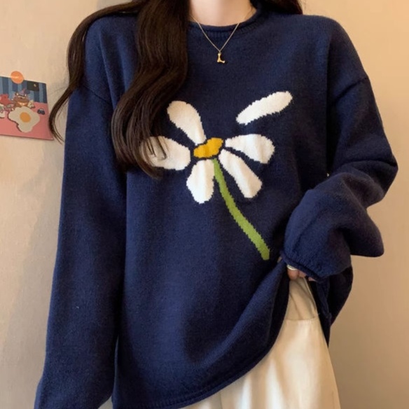 花柄ファッション デイジーモチーフ 大きめシルエット ニット