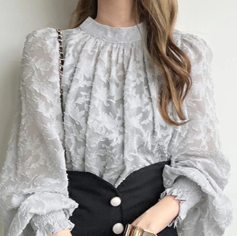 花柄ファッション 立体花柄レース ボリューム袖ブラウス