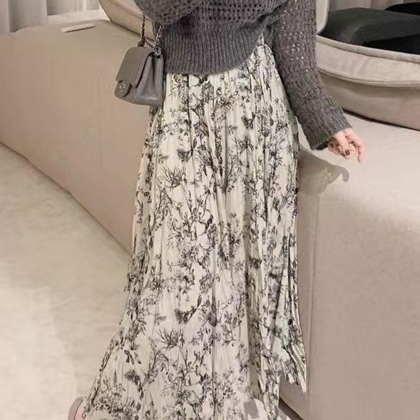 花柄ファッション 優美な花柄プリーツロングスカート