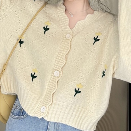 花柄ファッション 小花刺繍入り柔らか素材カーディガン