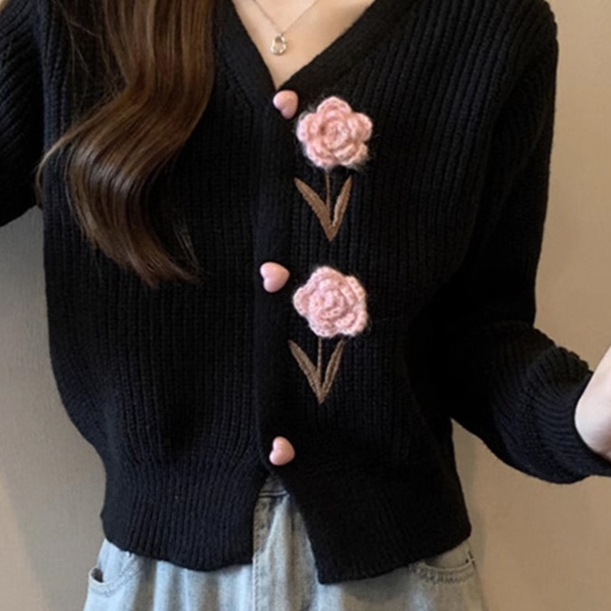 花柄ファッション 立体バラ刺繍リブニットカーディガン