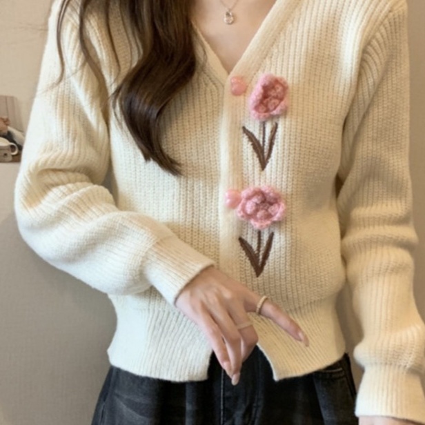 花柄ファッション 立体バラ刺繍リブニットカーディガン