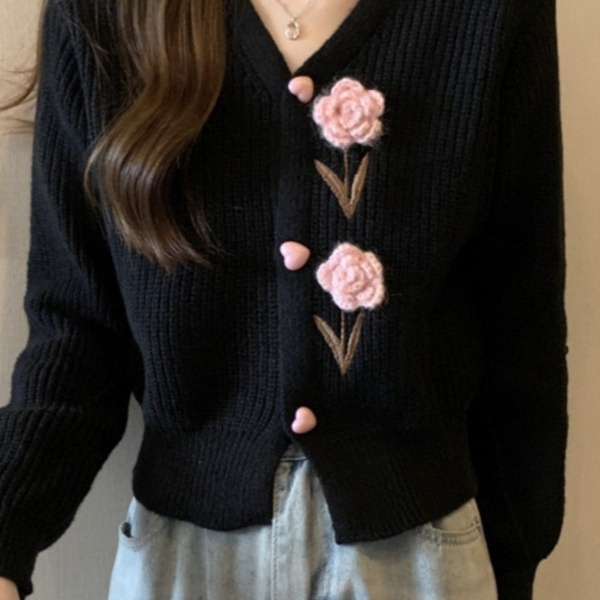花柄ファッション 立体バラ刺繍リブニットカーディガン