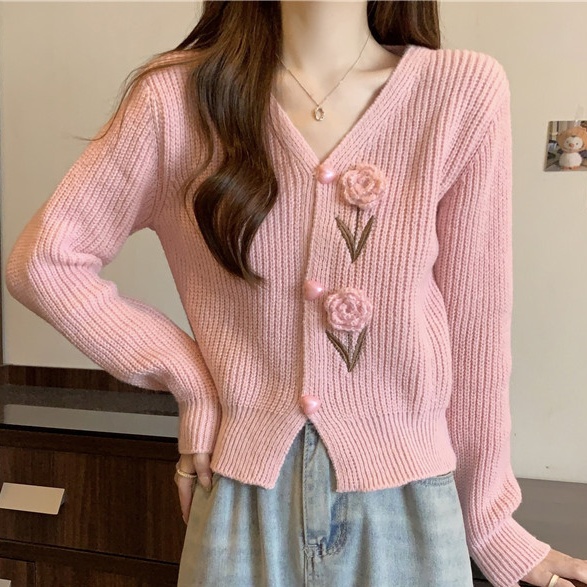 花柄ファッション 立体バラ刺繍リブニットカーディガン