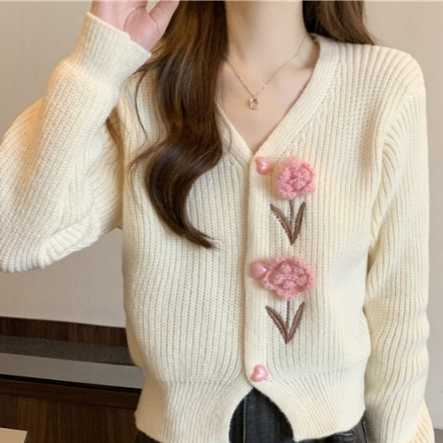 花柄ファッション 立体バラ刺繍リブニットカーディガン