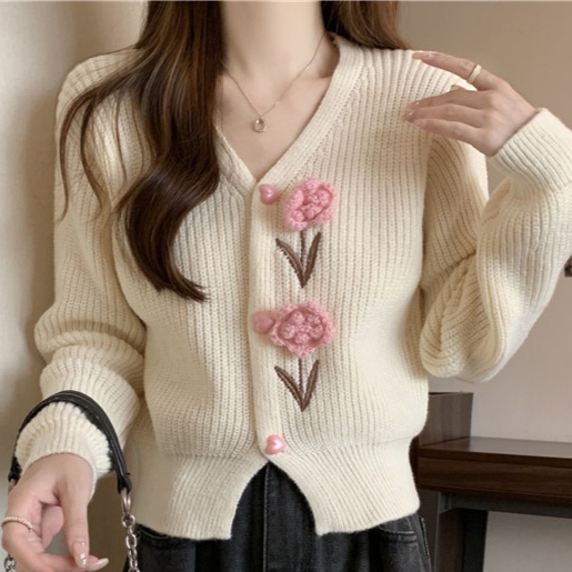 花柄ファッション 立体バラ刺繍リブニットカーディガン