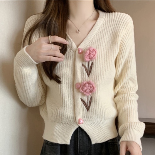 花柄ファッション 立体バラ刺繍リブニットカーディガン
