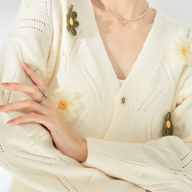 花柄ファッション デイジー刺繍付き春風ニットカーディガン