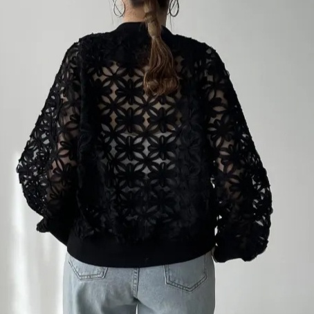花柄ファッション 立体花模様ジップアップボンバージャケット