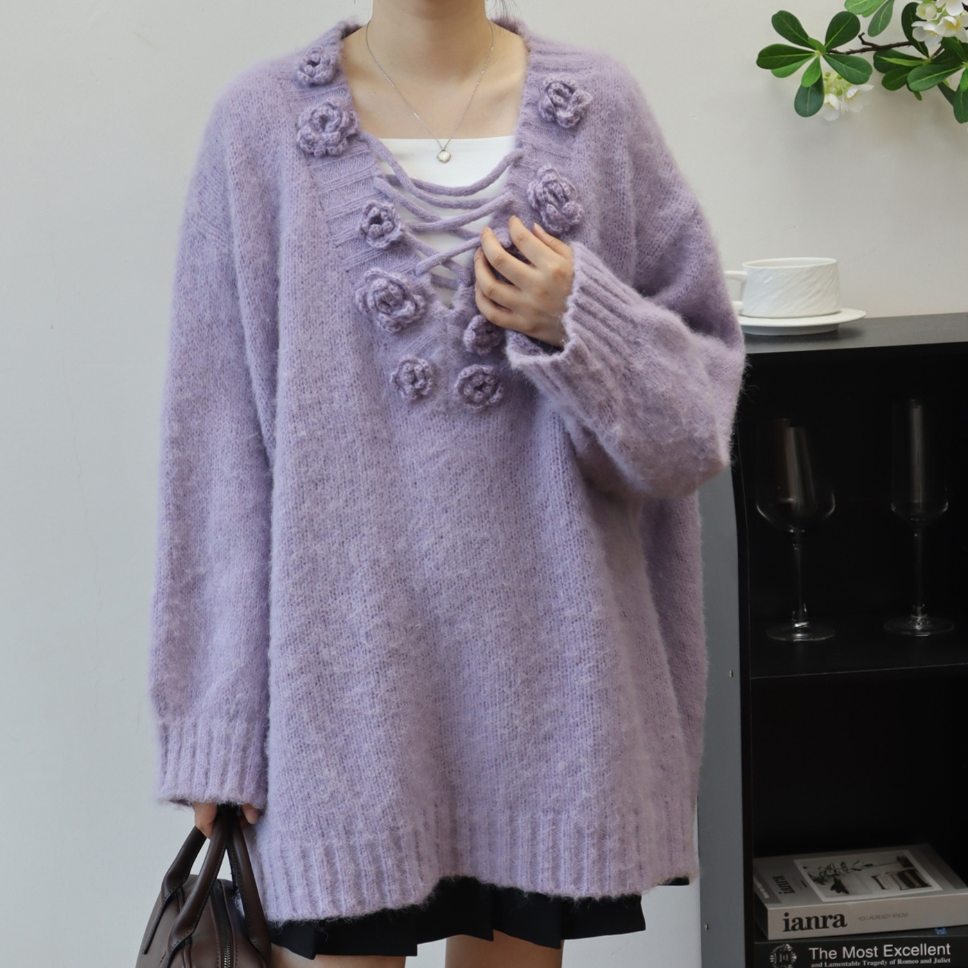 花柄ファッション 立体お花モチーフ レースアップニット