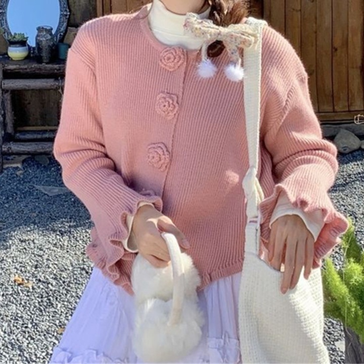 花柄ファッション 薔薇釦付き ひらひらフリル カーディガン