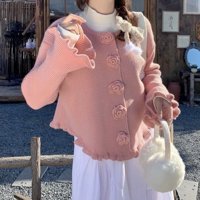 花柄ファッション 薔薇釦付き ひらひらフリル カーディガン