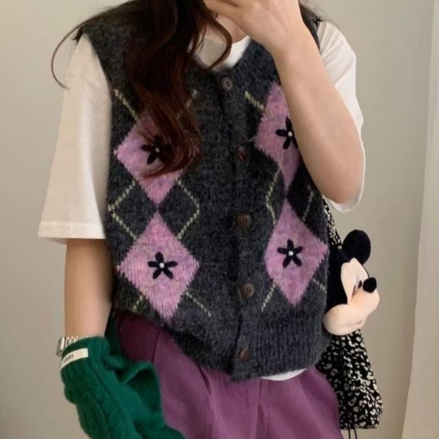花柄ファッション 赤い花デザイン重ね着風ニットベスト