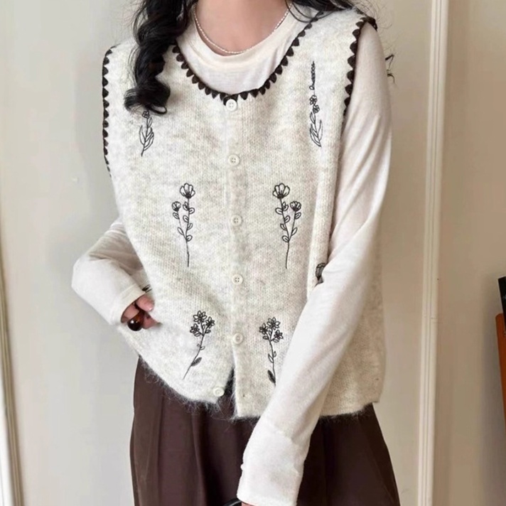 花柄ファッション 草花刺繍ニットベスト