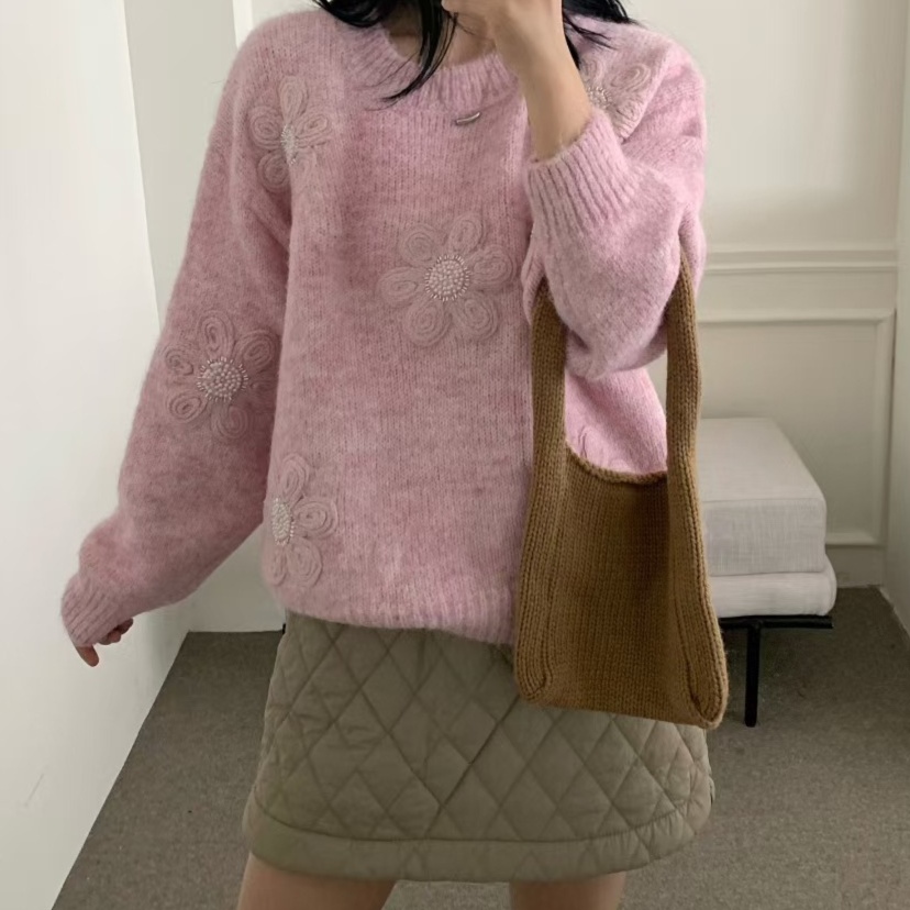 花柄ファッション 立体花刺繍ゆったりニット