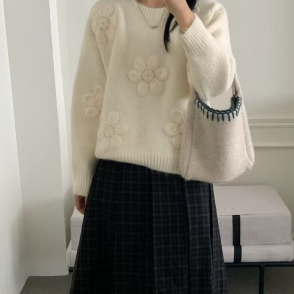 花柄ファッション 立体花刺繍ゆったりニット