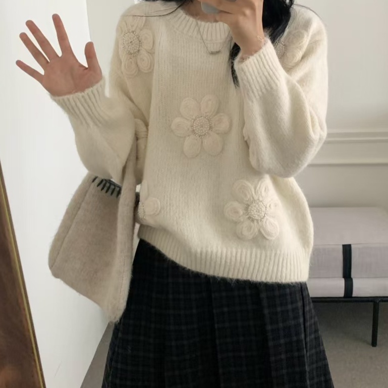 花柄ファッション 立体花刺繍ゆったりニット