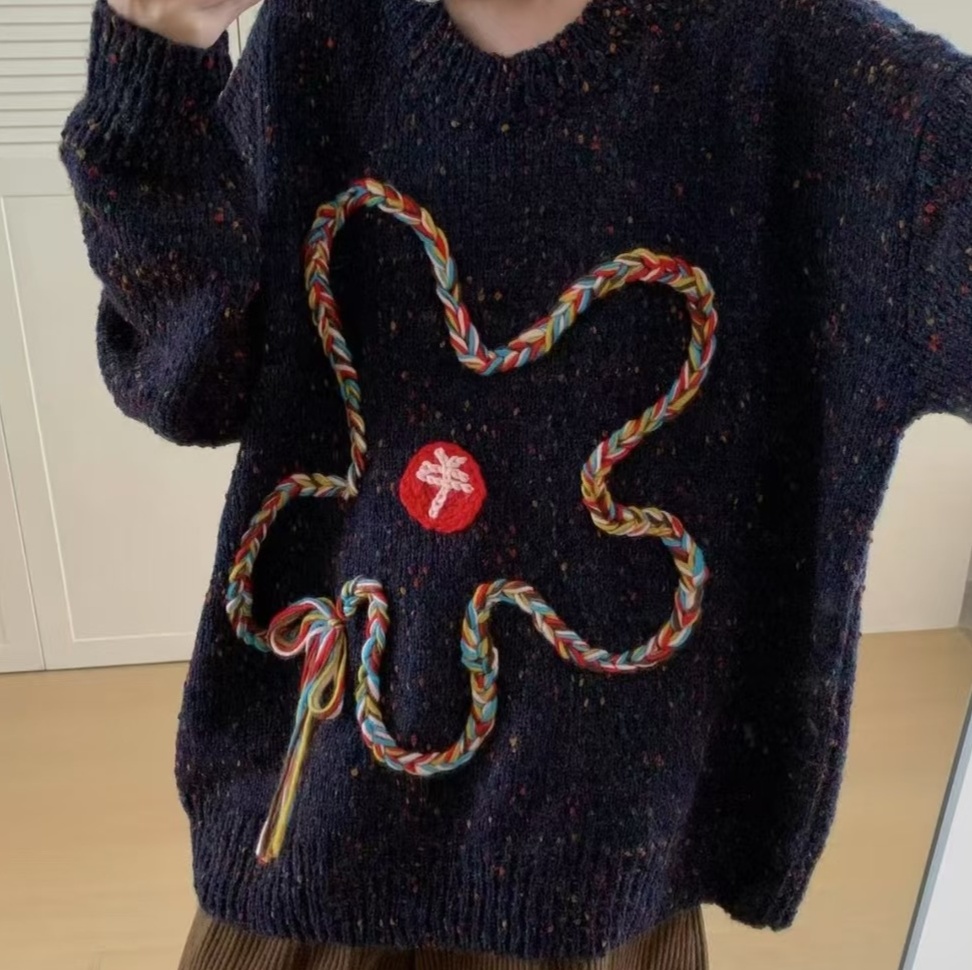 花柄ファッション 彩り紐飾り花型ニット