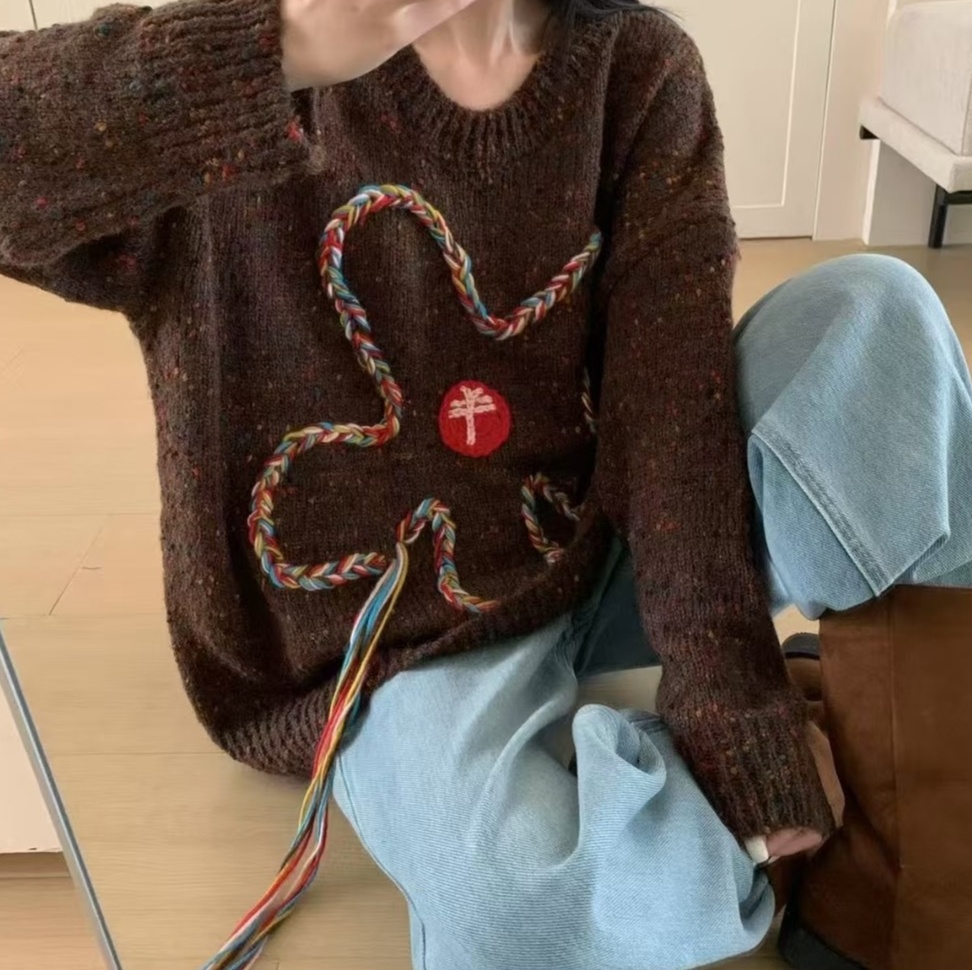 花柄ファッション 彩り紐飾り花型ニット