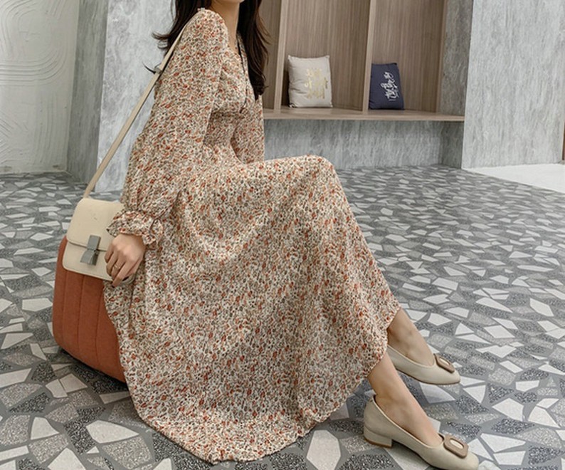 花柄ファッション 優美な花模様ふんわりシフォンワンピース