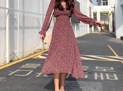 花柄ファッション 優美な花模様ふんわりシフォンワンピース