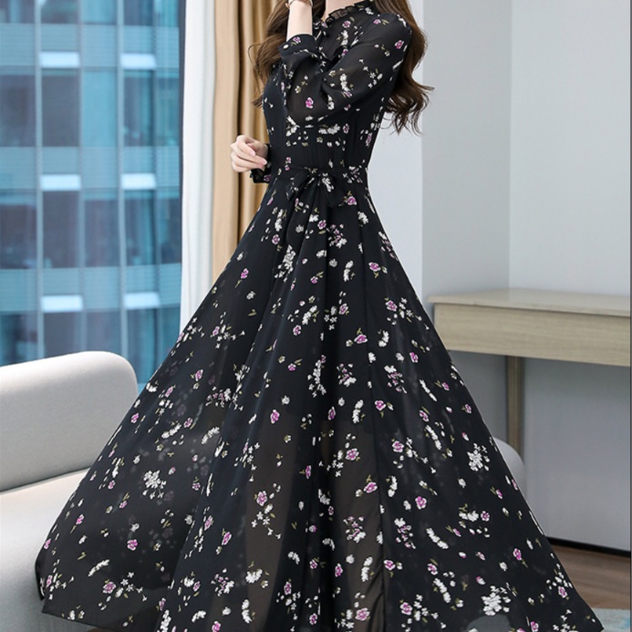 花柄ファッション 優雅な花模様マキシ丈シフォンワンピース