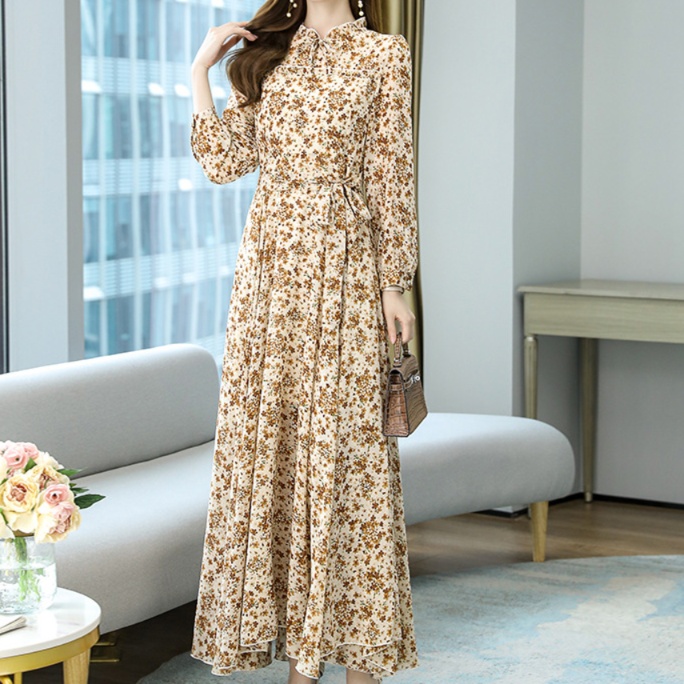 花柄ファッション 優雅な花模様マキシ丈シフォンワンピース