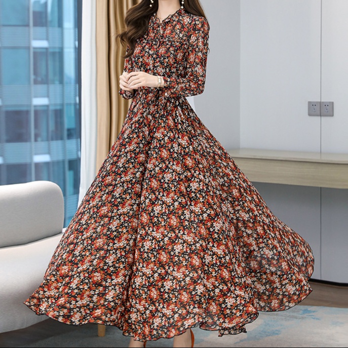 花柄ファッション 優雅な花模様マキシ丈シフォンワンピース