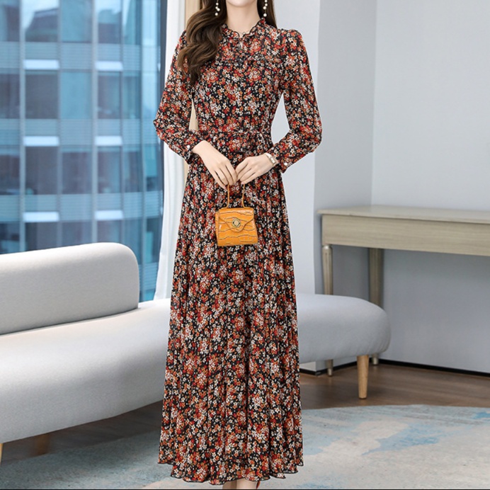 花柄ファッション 優雅な花模様マキシ丈シフォンワンピース