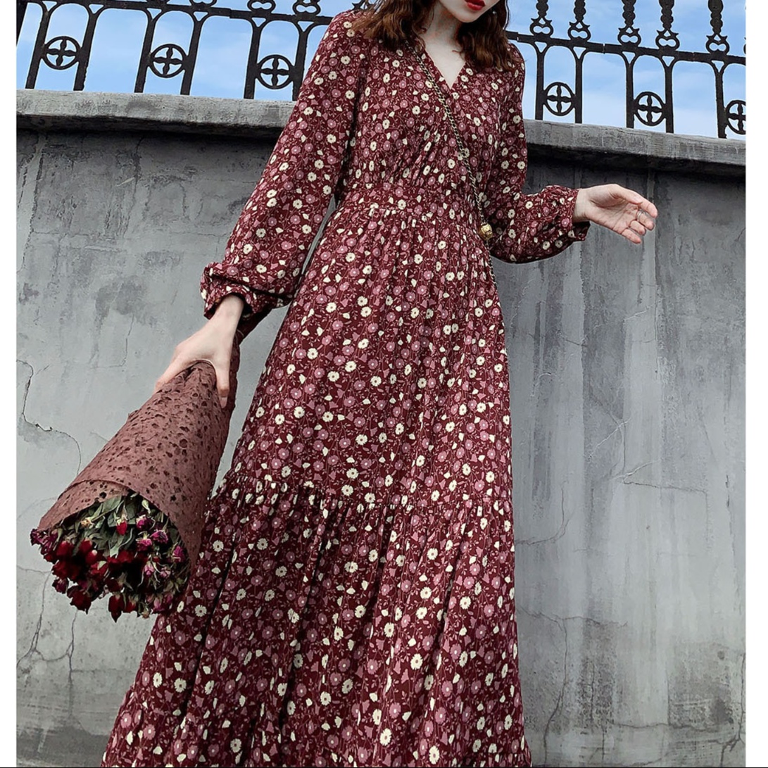 花柄ファッション 小花柄シフォンロング丈ワンピース