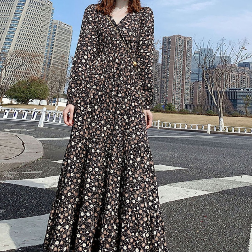 花柄ファッション 小花柄シフォンロング丈ワンピース