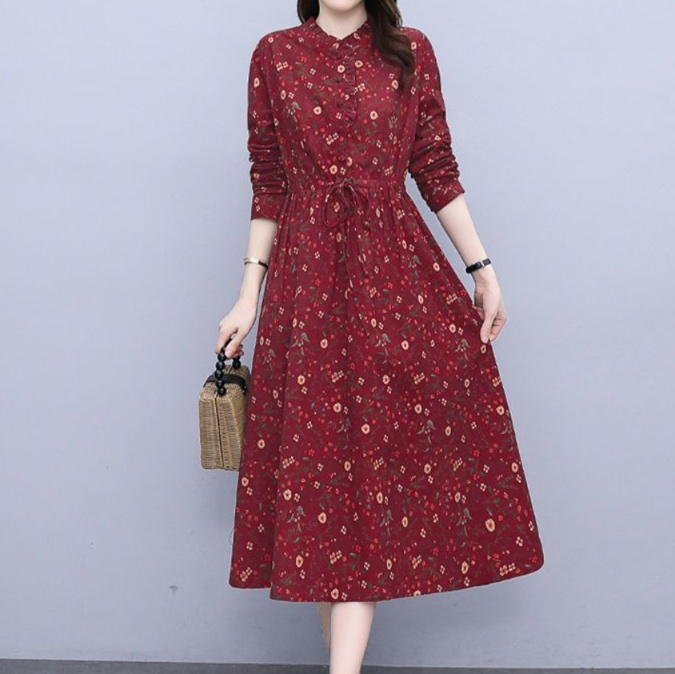 花柄ファッション 優美な花模様 長袖ミディ丈ワンピース