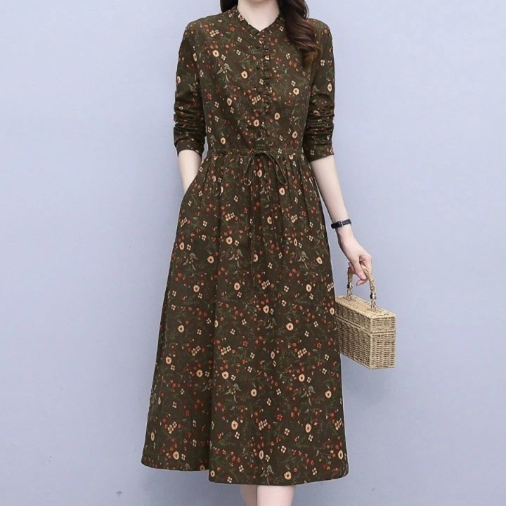 花柄ファッション 優美な花模様 長袖ミディ丈ワンピース