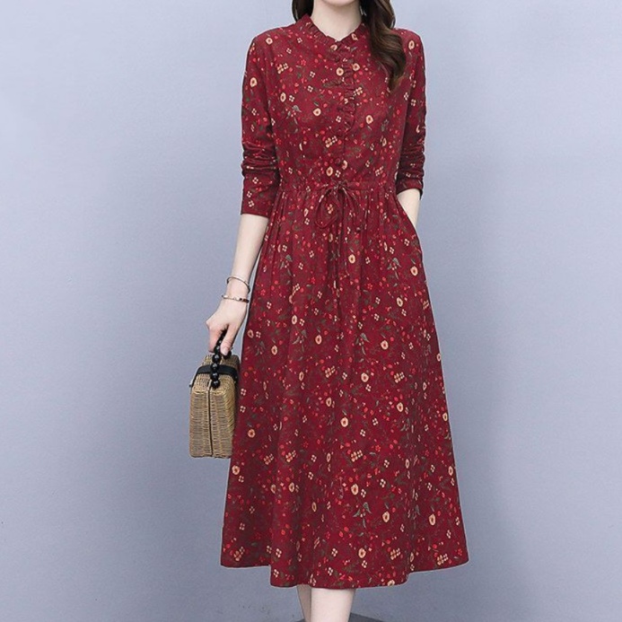 花柄ファッション 優美な花模様 長袖ミディ丈ワンピース