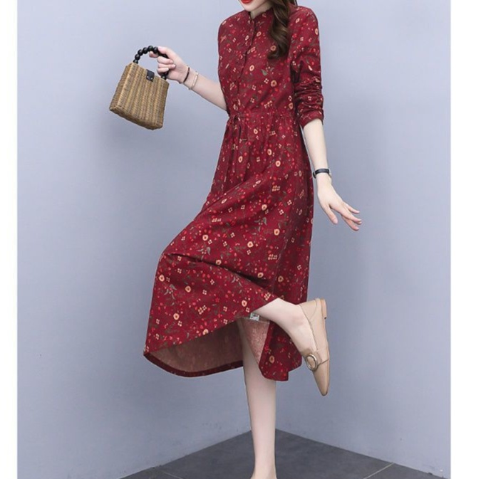 花柄ファッション 優美な花模様 長袖ミディ丈ワンピース