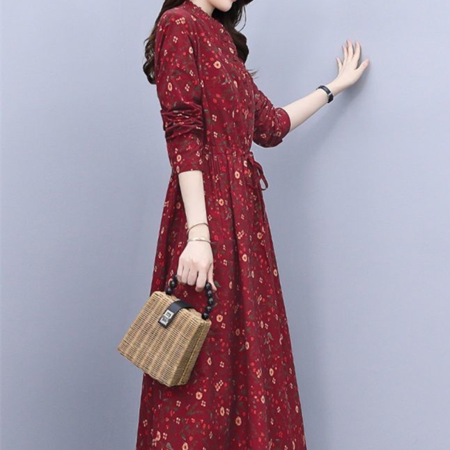 花柄ファッション 優美な花模様 長袖ミディ丈ワンピース