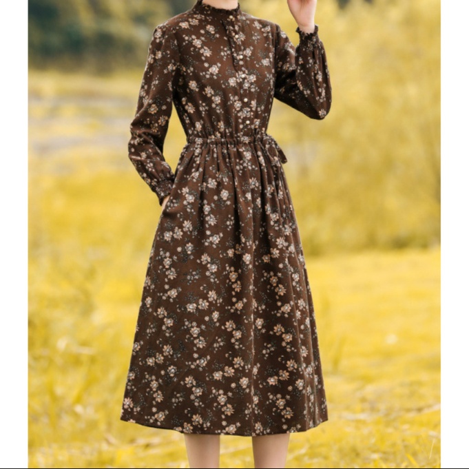 レトロ花柄ハイネックワンピース ウエストベルト付きミディ丈