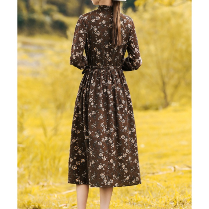 レトロ花柄ハイネックワンピース ウエストベルト付きミディ丈