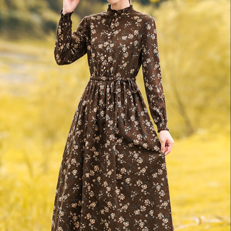 レトロ花柄ハイネックワンピース ウエストベルト付きミディ丈