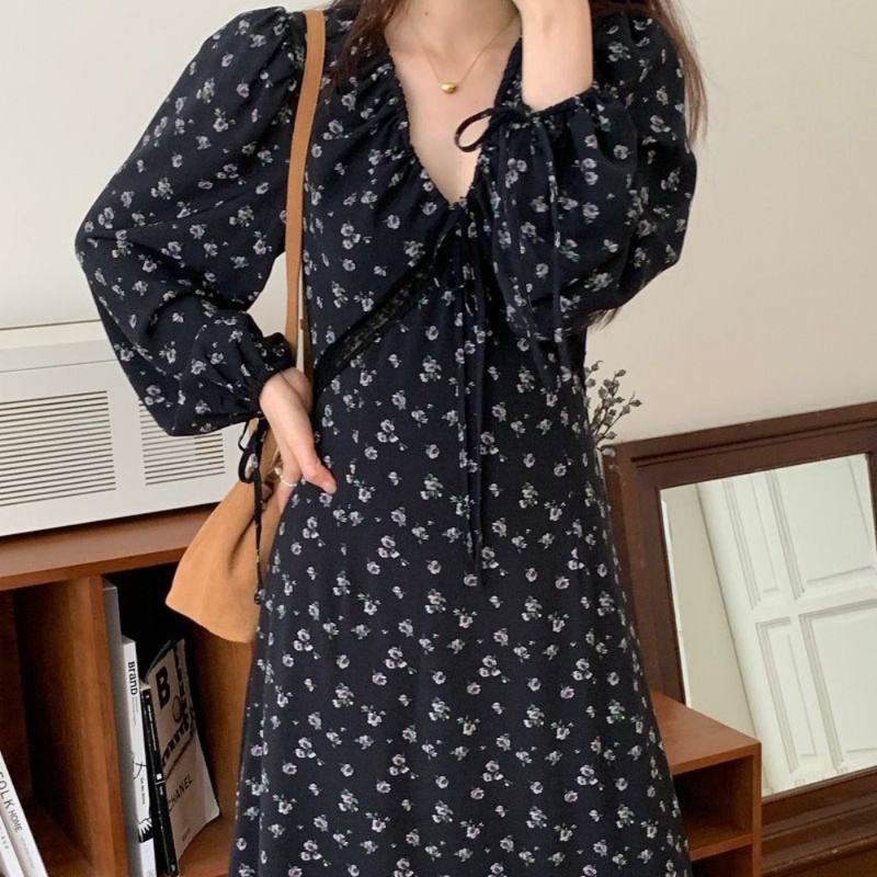 花柄ファッション 小花柄長袖Vネックマキシワンピース