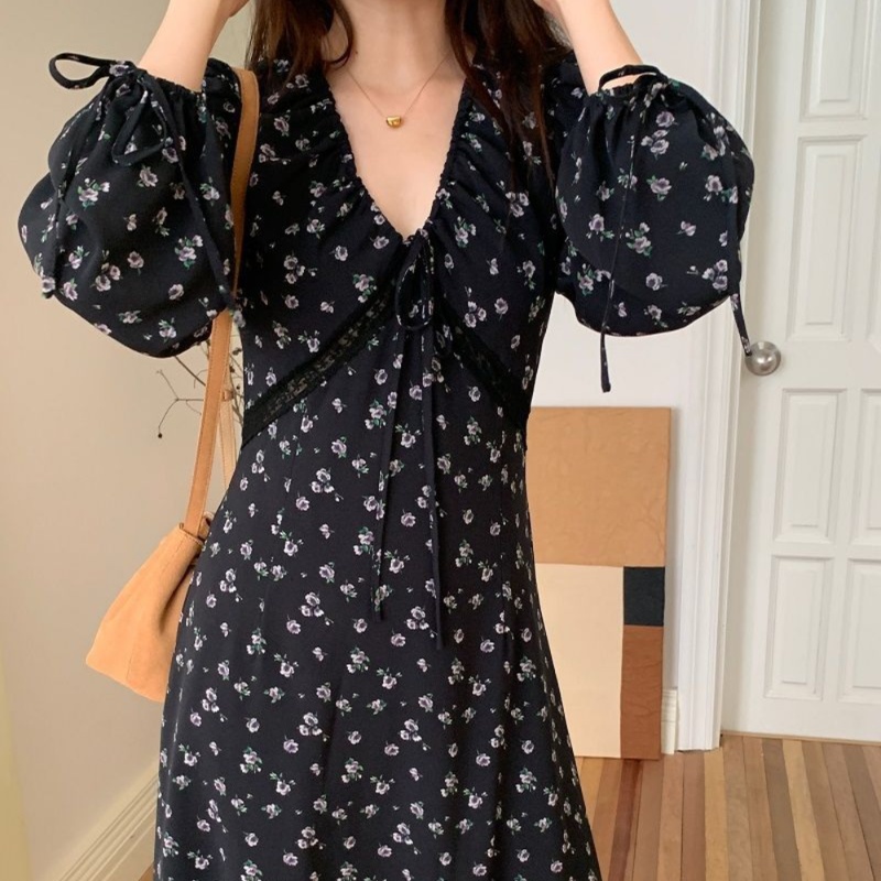 花柄ファッション 小花柄長袖Vネックマキシワンピース