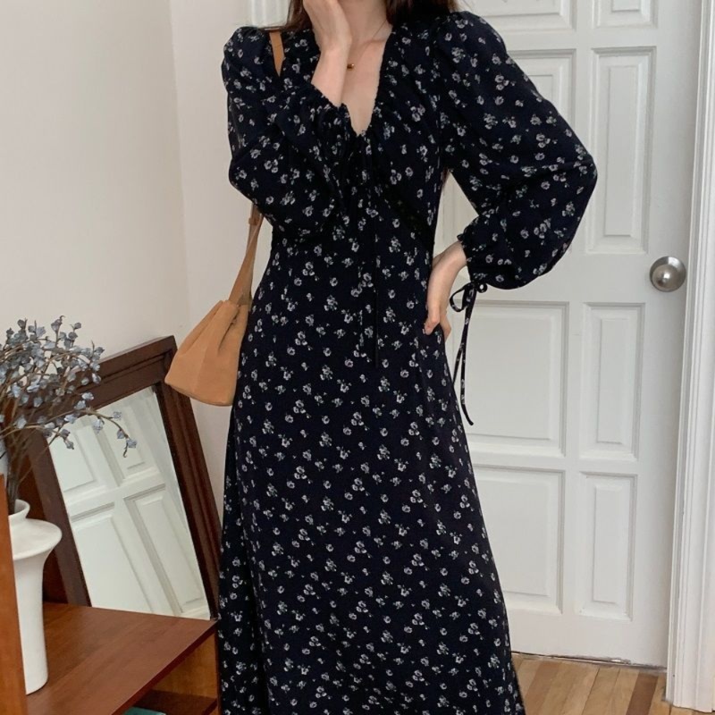 花柄ファッション 小花柄長袖Vネックマキシワンピース