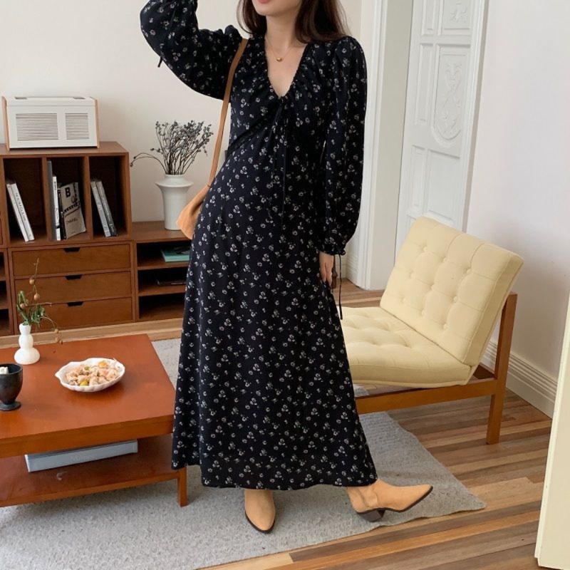 花柄ファッション 小花柄長袖Vネックマキシワンピース