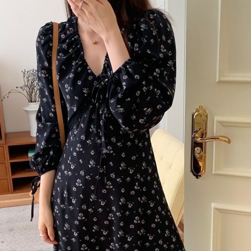 花柄ファッション 小花柄長袖Vネックマキシワンピース