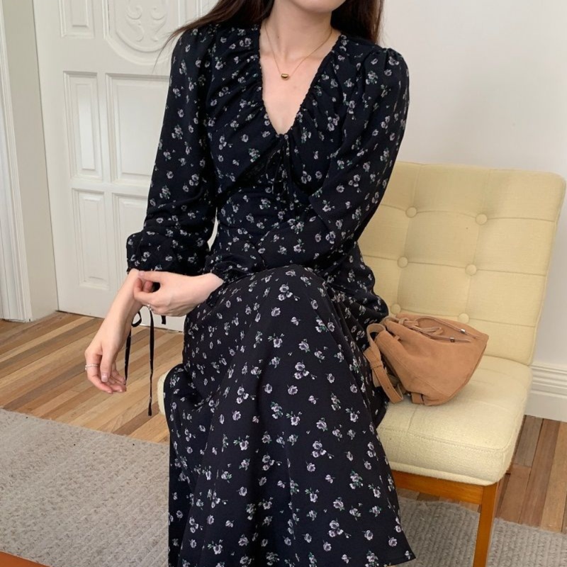 花柄ファッション 小花柄長袖Vネックマキシワンピース